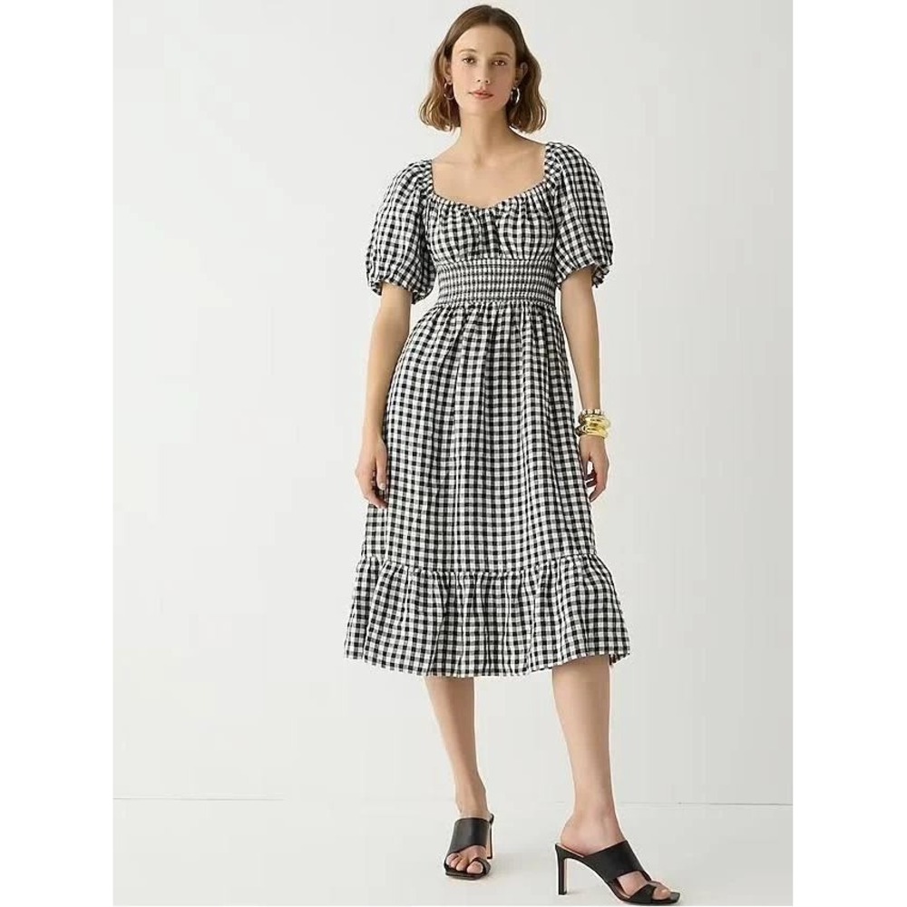J.Crew sz XXL Gingham Linen Smocked Puff Sleeve Midi Dress Black White Tiered